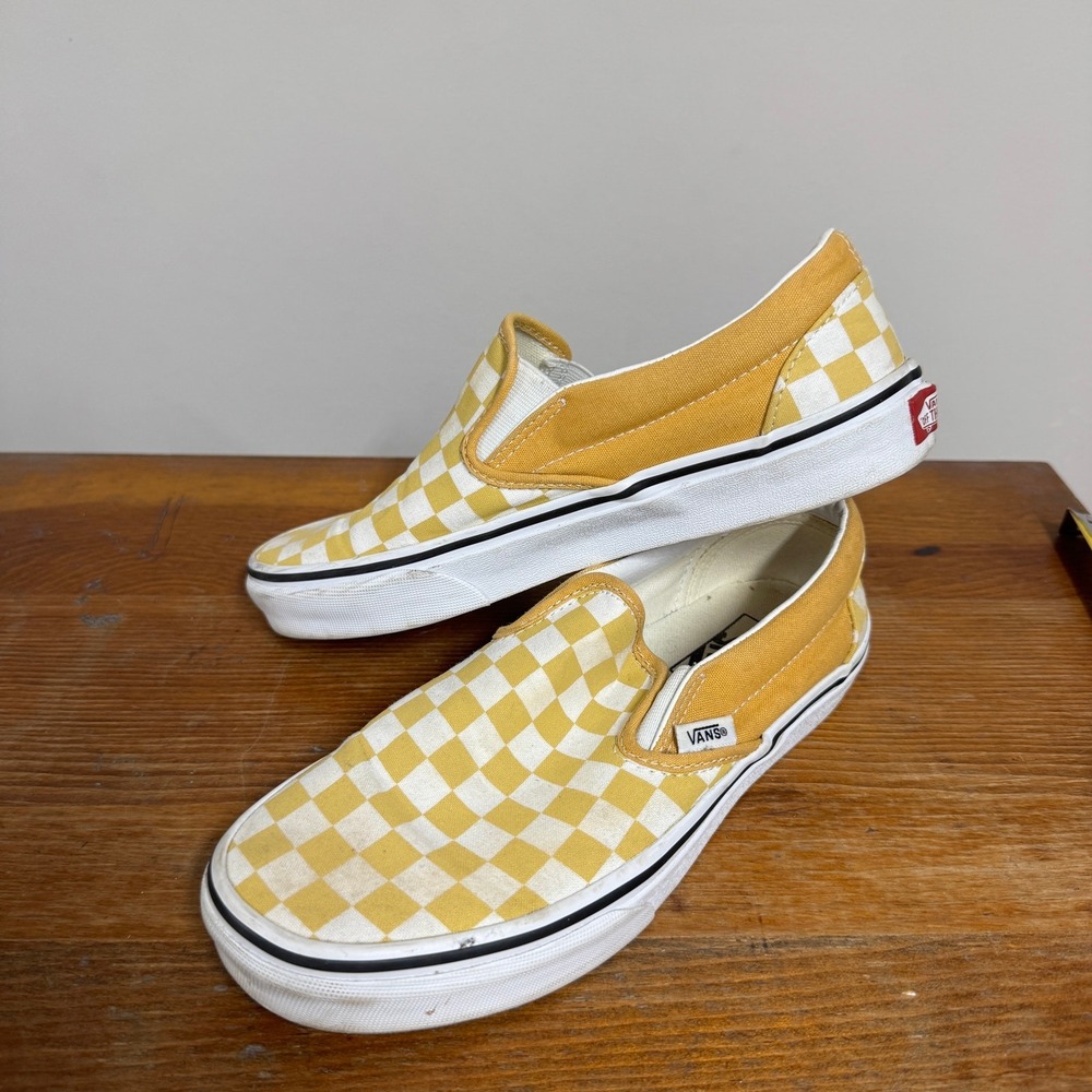 Vans Classic Slip-On Checkerboard Ochre Yellow White Sneakers Mens 6 Womens 7.5